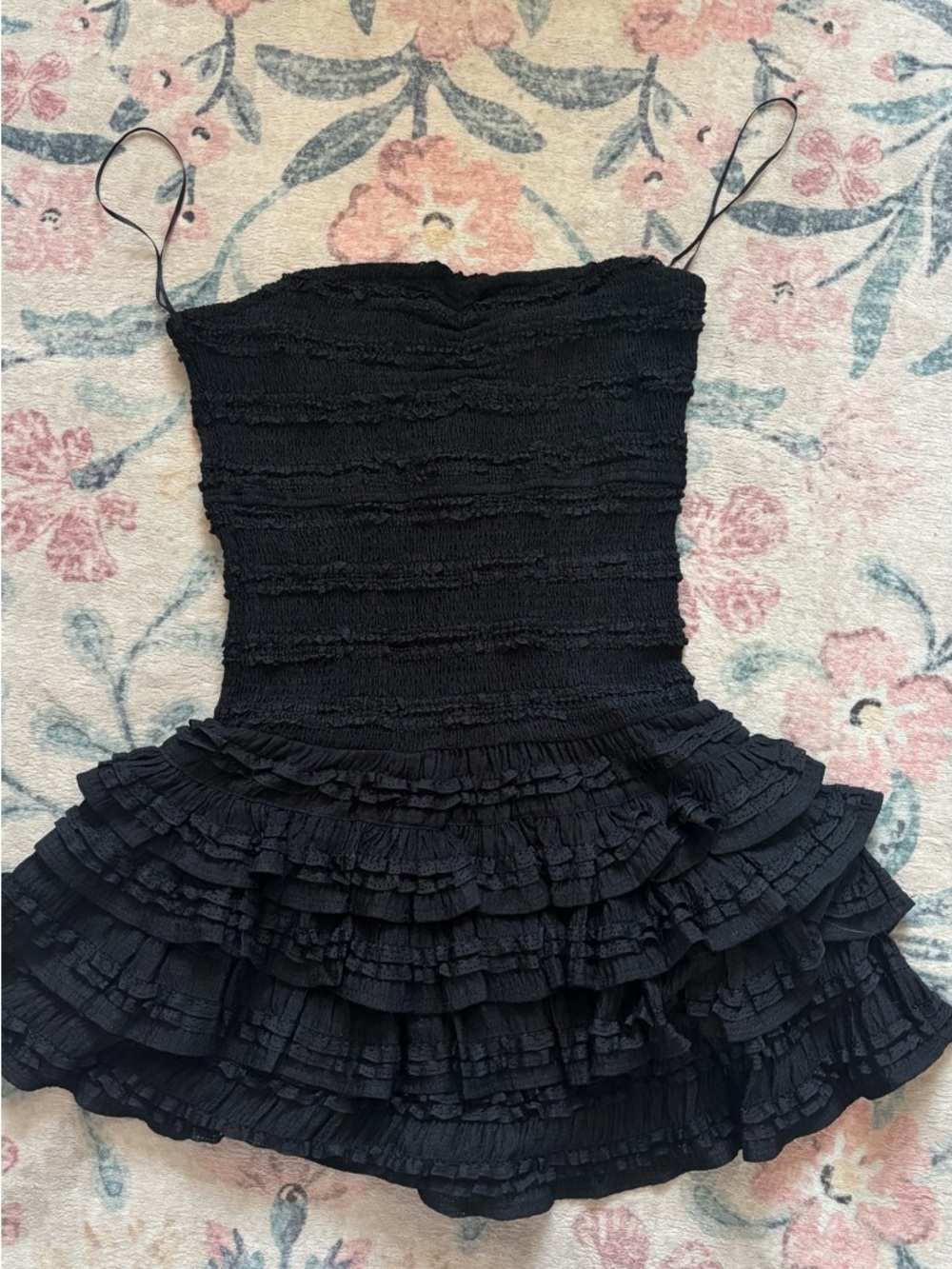 Black Smocked Ruffle Mini Dress